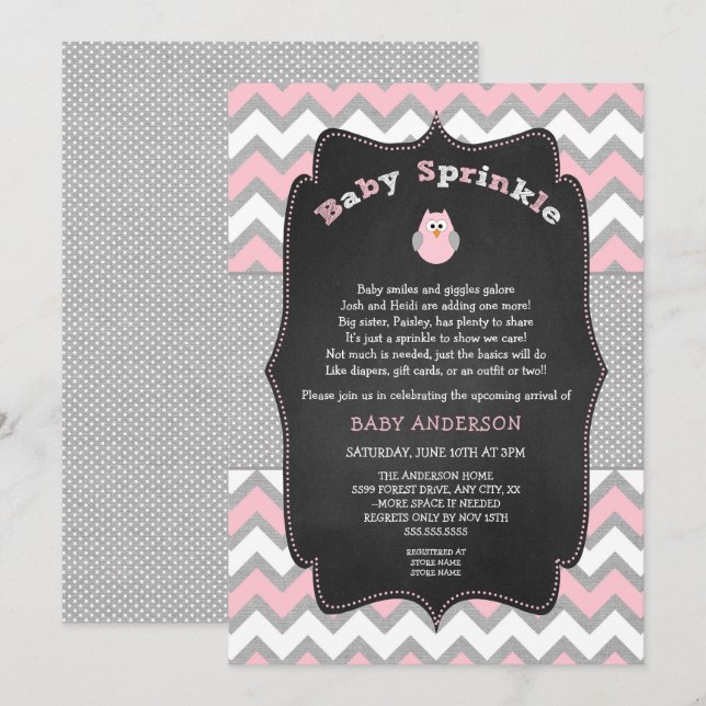 Invitation Chevêchette rose, baby shower fille (Devant / Derrière)