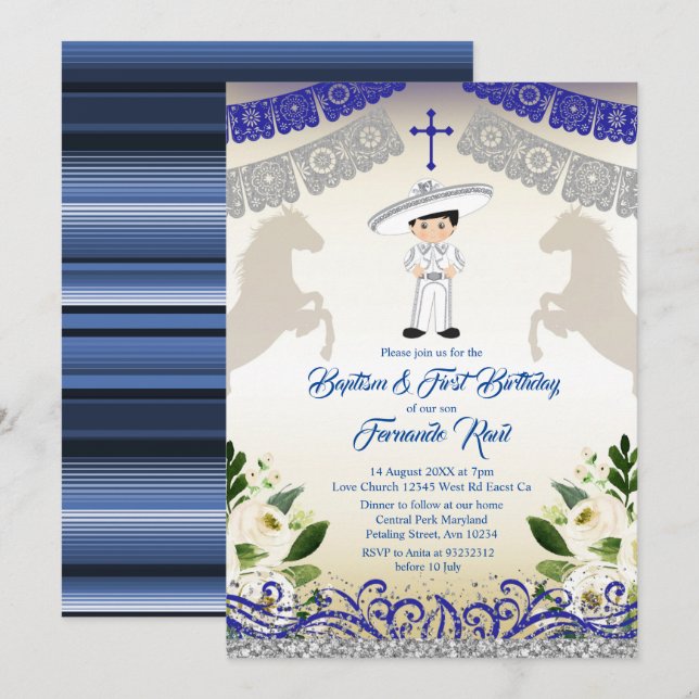Invitation Cheveux noirs Marine mexicaine Baptême garçon bleu (Devant / Derrière)
