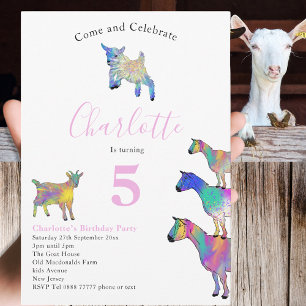 Invitation Chèvres Aquarelle Anniversaire Fête rose