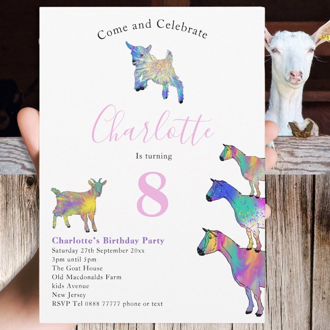 Invitation Chèvres Aquarelle Anniversaire Fête rose (Cute goat 8th birthday party  invitation colorful watercolor farm animals )