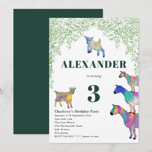 Invitation Chèvres Aquarelle fête d'anniversaire Vert