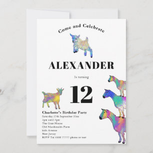 Invitation Chèvres colorées Aquarelle 12e fête d'anniversaire