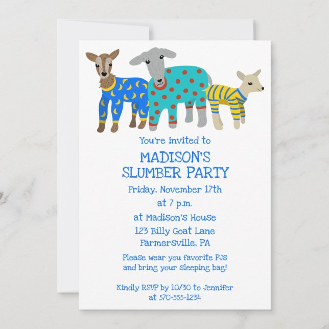 Invitation Chèvres en pyjama Parti pour bois d'oeuvre (Devant)