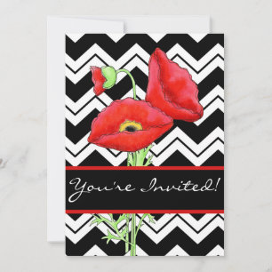 Invitation Chevron blanc noir Chevron ZizZag rouge Poppy noir