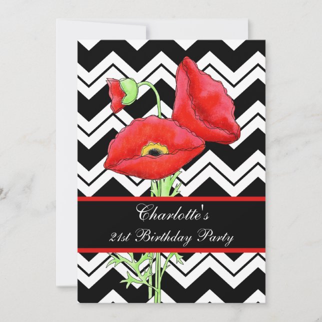 Invitation Chevron Blanc Noir ZizZag Red Poppy 21e anniversai (Devant)