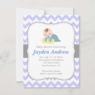 Invitation Chevron de baby shower de garçon, bleu et blanc