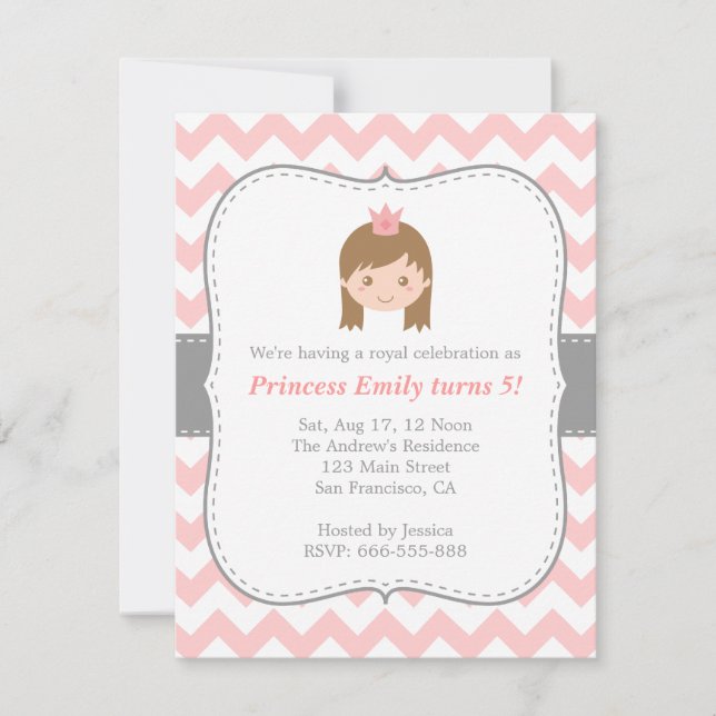 Invitation Chevron de fête d'anniversaire de princesse, rose (Devant)