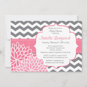 Invitation Chevron Floral bébé ou nuptiale rose chaud