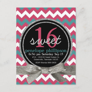 Invitation Chevron Girly Sweet Turquoise rose moderne 16