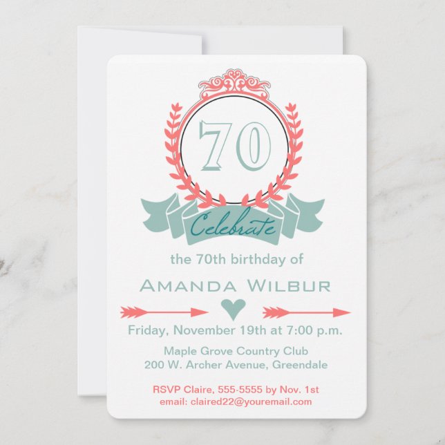 Invitation Chevron moderne Coral Blue 70e anniversaire Invita (Devant)