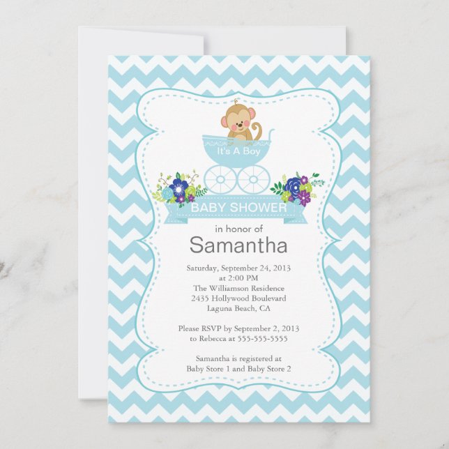 Invitation Chevron Monkey Dans Le Baby shower Carriage Boys (Devant)