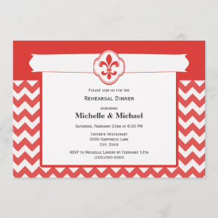 Invitation Chevron Motif Fleur de Lis Événement Rouge et Blan