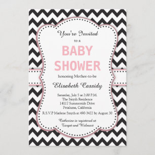 Invitation Chevron noir et blanc, rose, Baby shower