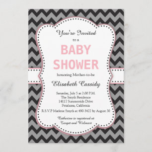 Invitation Chevron noir et gris, Baby shower rose
