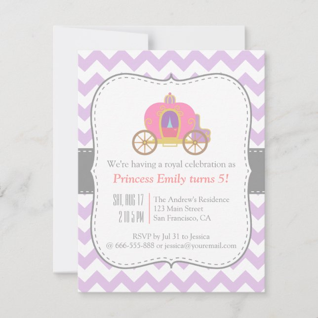 Invitation Chevron pourpre, fête d'anniversaire de princesse (Devant)