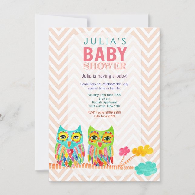 Invitation Chevron Rainbow Owls in Tree Baby shower Invitatio (Devant)