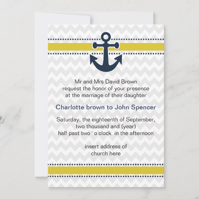 Invitation chevron rayures, ancre, mariage nautique invite (Devant)