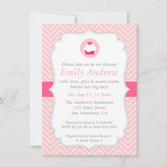 Invitation Chevron rose, Cupcake sucré, Baby shower (Devant)