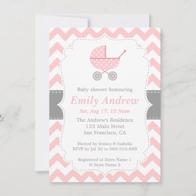 Invitation Chevron rose et blanc, poussette, douche de bébé (Devant)