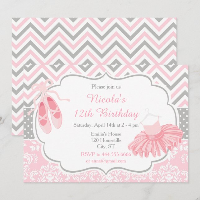 Invitation Chevron rose et gris Ballerina Anniversaire (Devant / Derrière)