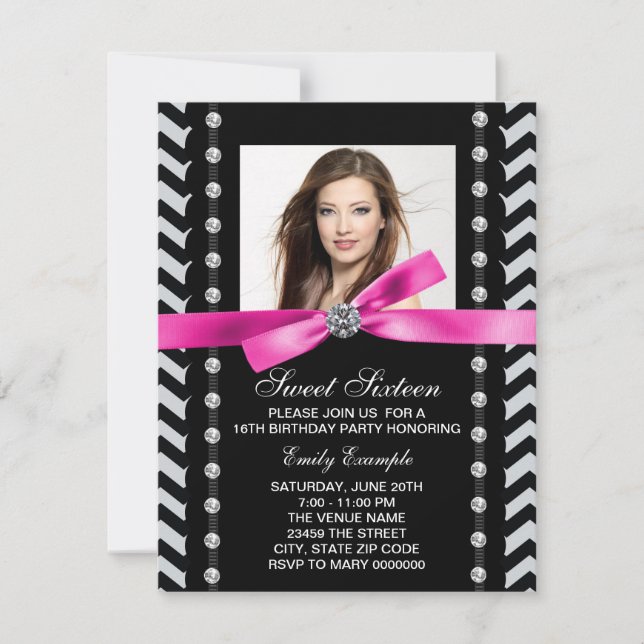 Invitation Chevron rose et noir sucré 16 fête d'anniversaire (Devant)