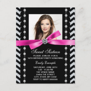 Invitation Chevron rose et noir sucré 16 fête d'anniversaire