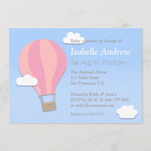 Invitation Chevron Rose, Montgolfière, Fête de Naissance Bébé