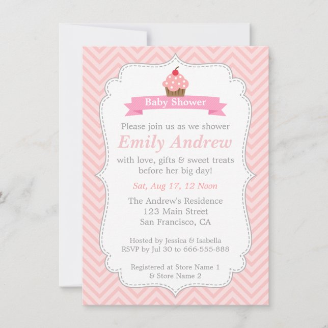 Invitation Chevron rose, petit gâteau doux, baby shower (Devant)