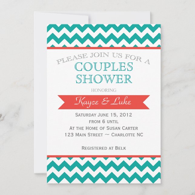 Invitation Chevron Shower Coral and turquoise (Devant)