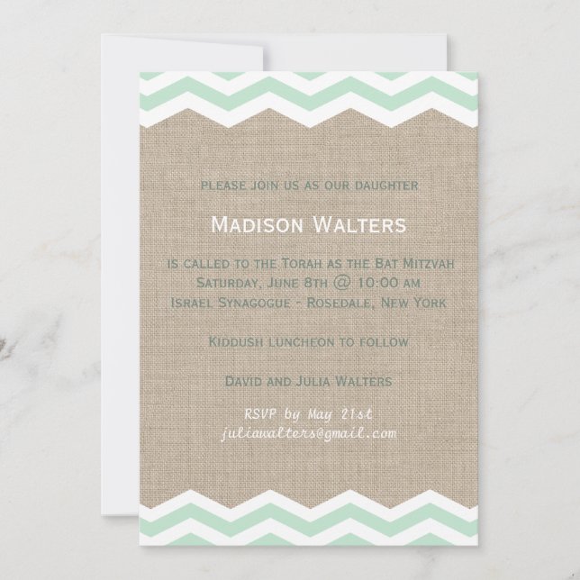 Invitation Chevrons à la menthe sur Burlap Bat mitzvah Invita (Devant)