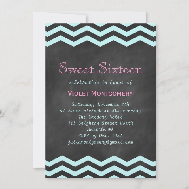 Invitation Chevrons Turquoise sur Chalkboard Sweet 16 Invitat (Devant)
