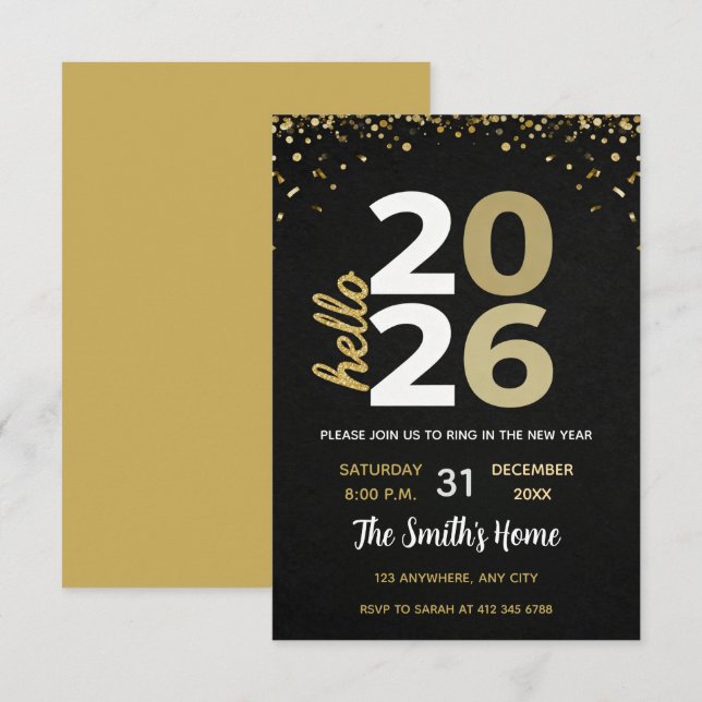 Invitation Chic 2026 New Year' Eve Party Gold Glitter Black  (Devant / Derrière)