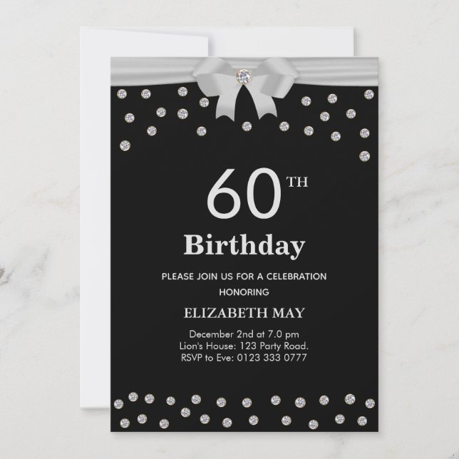 Invitation Chic 40e, 60e anniversaire avec diamants sur noir (Devant)