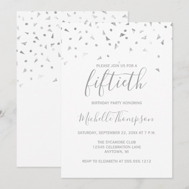 Invitation Chic 50e fête d'anniversaire Argent Confetti Invit (Devant / Derrière)