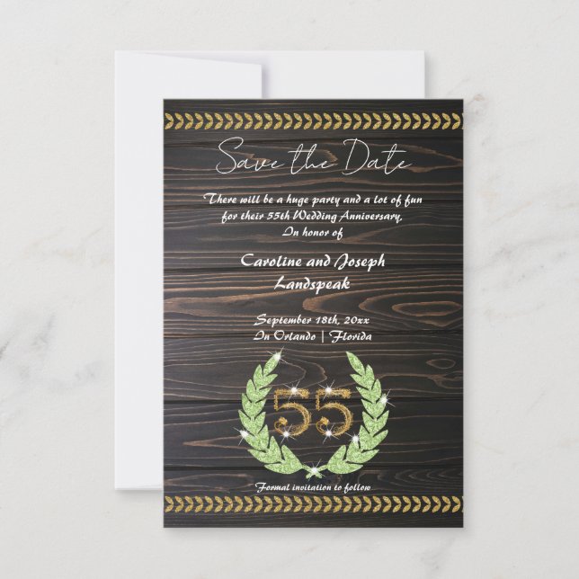 Invitation Chic 55e anniversaire Bois et or Enregistrer la da (Devant)