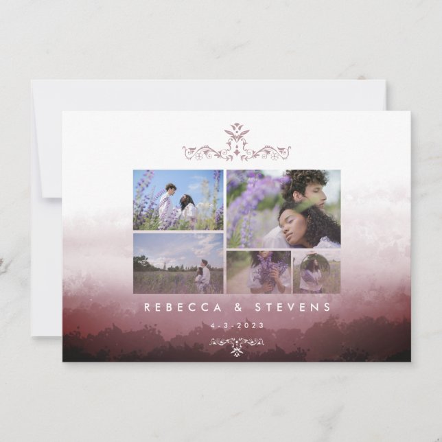 Invitation Chic 5 Photos Bourgogne Aquarelle Mariage Abstrait (Devant)