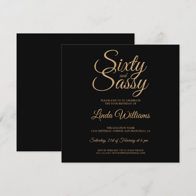 Invitation Chic 60 et Sassy Black Gold 60th Birthday Party (Devant / Derrière)
