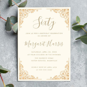 Invitation Chic 60ème Soixante Gold Frame Cream Anniversaire