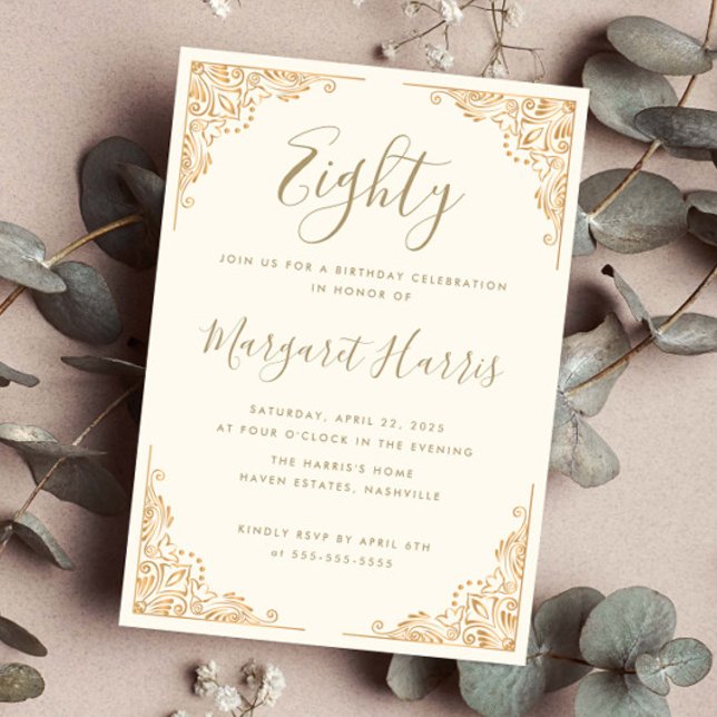 Invitation Chic 80e Huitième Crème Cadre Or Anniversaire (Créateur téléchargé)