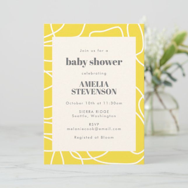 Invitation Chic Abstrait Ligne moderne Art Baby shower Jaune (Debout devant)