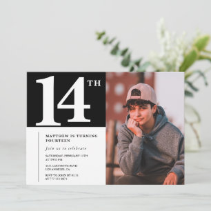 Invitation chic anniversaire 14 ans Noir Blanc Pho