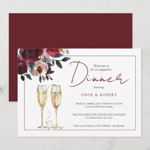 Invitation Chic Aquarelle Bourgogne Floral Dîner Fiançailles