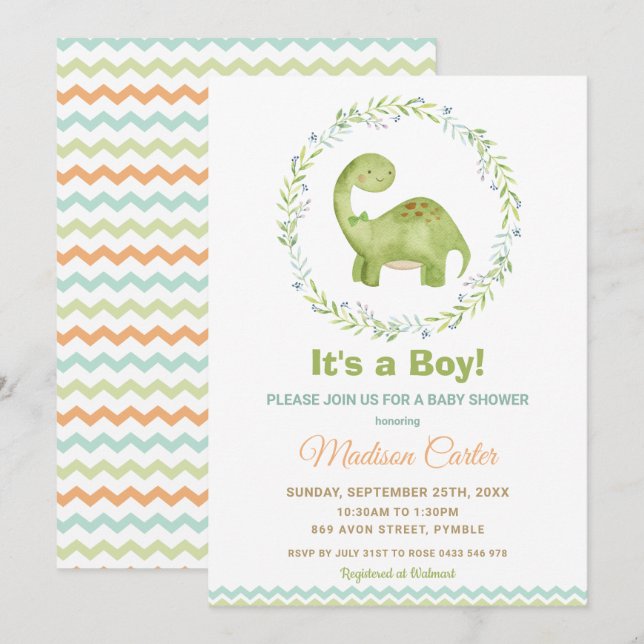 Invitation Chic Aquarelle Cute Dinosaur Boy Baby shower (Devant / Derrière)