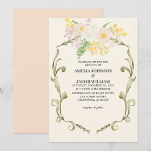 Invitation Chic Aquarelle fleurie beurre pêche jaune Mariage