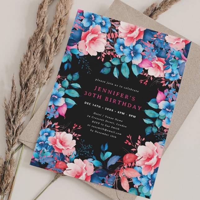 Invitation Chic Aquarelle Floral 30e Anniversaire Noir (Chic Watercolor Floral 30th Birthday Black Invitation)