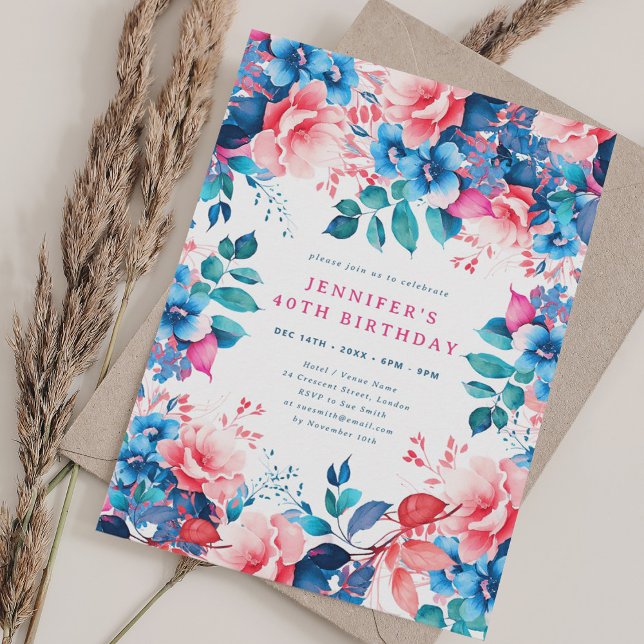Invitation Chic aquarelle Floral 40e anniversaire (Chic Watercolor Floral 40th Birthday Invitation)