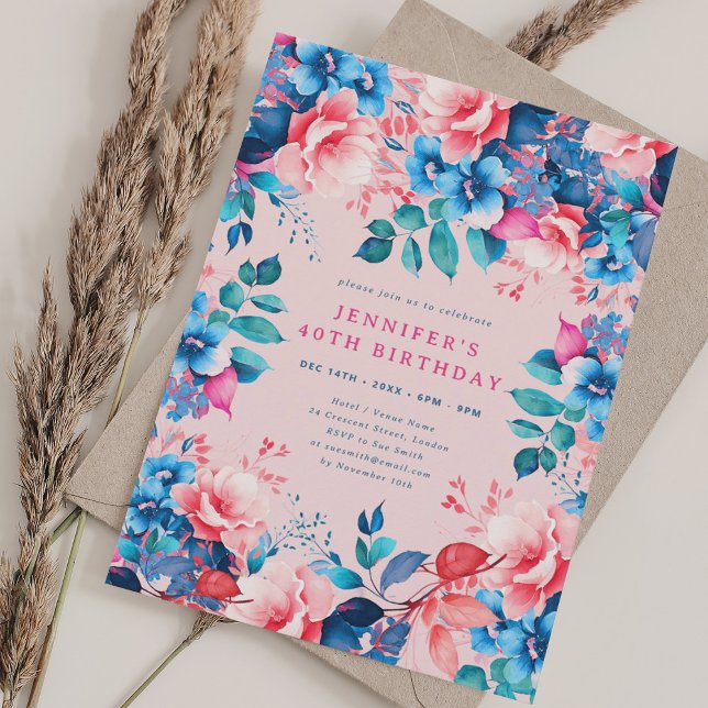 Invitation Chic Aquarelle Floral 40e Anniversaire Blush (Chic Watercolor Floral 40th Birthday Blush Invitation)