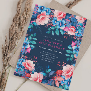 Invitation Chic Aquarelle Florale 40e Anniversaire Marine
