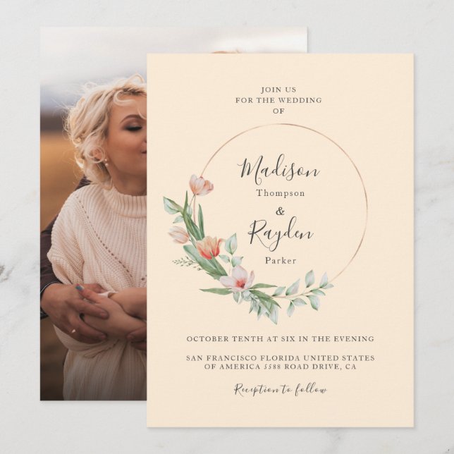 Invitation Chic Aquarelle Florale Bague Bordure Beige Mariage (Devant / Derrière)