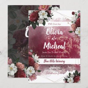 Invitation Chic Aquarelle Florale Rouge Bourgogne thème invit
